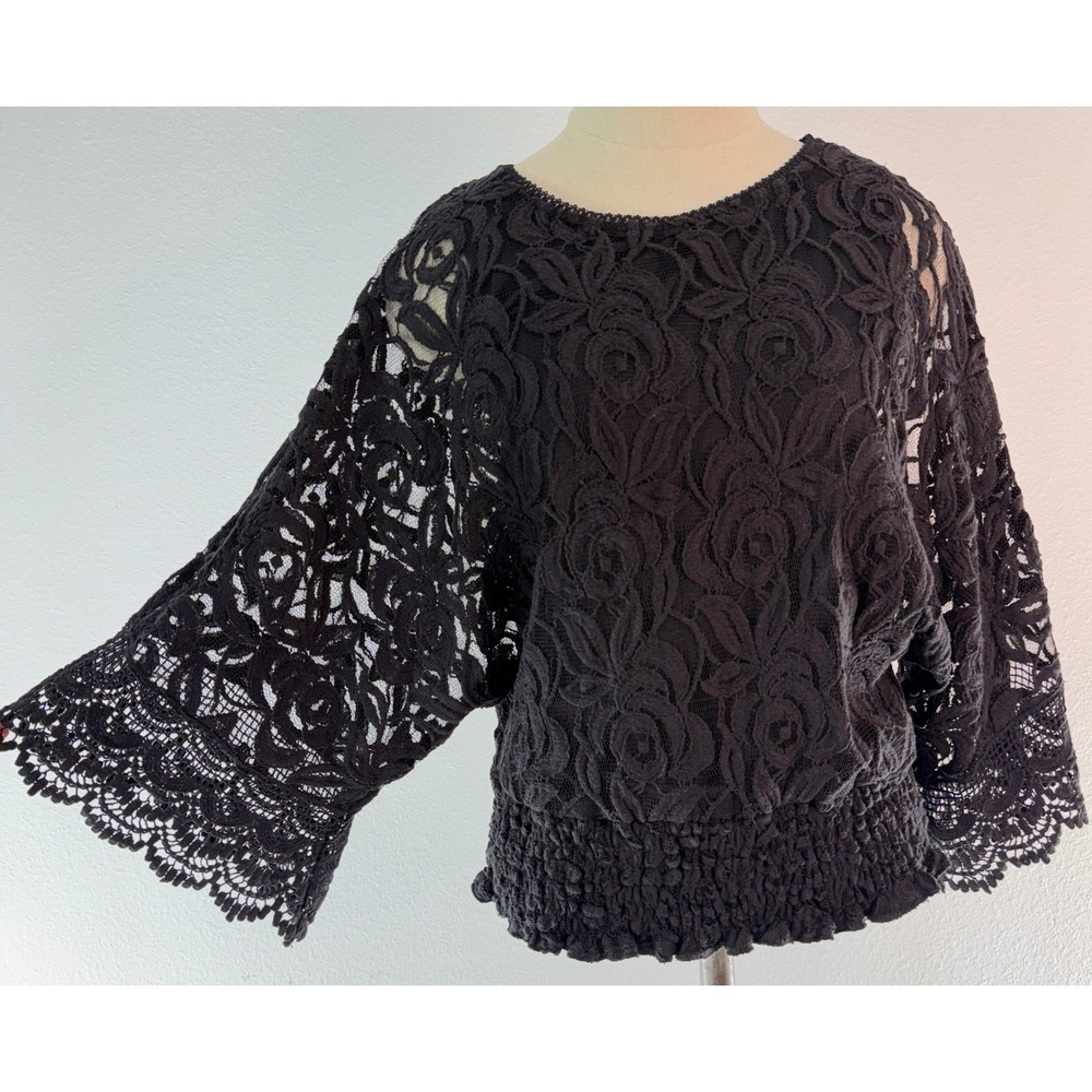 Investments Petites Black Floral Lace Blouse Smocked Waist Fairy Grunge Petite M